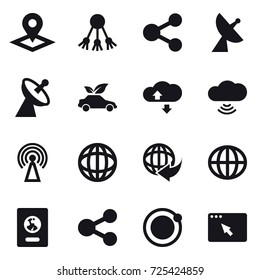 16 vector icon set : pointer, share, satellite antenna, eco car, cloude service, cloud wireless, antenna, globe, passport