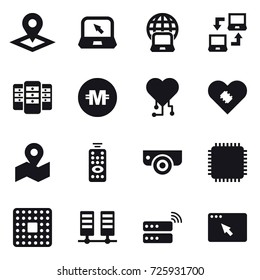 16 vector icon set : pointer, notebook, notebook globe, notebook connect, server, crypto currency, cardio chip, remote control, surveillance camera