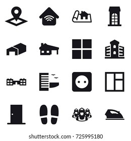 16 vector icon set : pointer, wireless home, project, building, warehouse, house with garage, window, school, hotel, power socket, door, slippers, outsource, iron