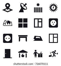 16 vector icon set : pointer, satellite antenna, sun power, project, window, power socket, table, iron, door, warehouse, kitchen cleaning, vacuum cleaner