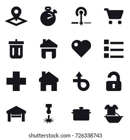 16 vector icon set : pointer, stopwatch, laser, cart, bin, home, heart, list, unlocked, garage, pan, handle washing