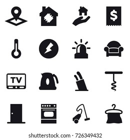 16 vector icon set : pointer, smart house, real estate, thermometer, electricity, alarm, armchair, tv, kettle, stands for knives, corkscrew, door, vacuum cleaner, hanger