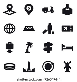 16 vector icon set : pointer, dollar pin, globe, taxi, passenger, ticket, baggage get, palm, signpost, bed, inflatable pool, windmill