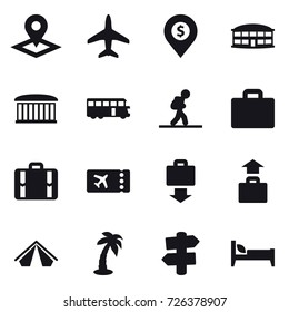 16 vector icon set : pointer, plane, dollar pin, airport building, bus, tourist, suitcase iocn, suitcase, ticket, baggage get, baggage, tent, palm, signpost, bed
