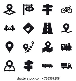 16 vector icon set : pointer, shop signboard, singlepost, bike, bridge, under construction, train, map, signpost, sweeper