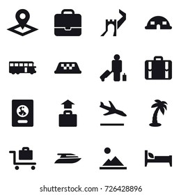 16 vector icon set : pointer, portfolio, greate wall, dome house, bus, taxi, passenger, suitcase, passport, baggage, arrival, palm, baggage trolley, yacht, landscape, bed