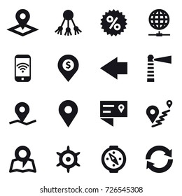 16 vector icon set : pointer, share, percent, globe connect, phone wireless, dollar pin, left arrow, lighthouse, map, handwheel, compass, reload