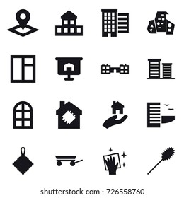 16 vector icon set : pointer, cottage, houses, modern architecture, window, presentation, school, district, arch window, smart house, real estate, hotel, rag, trailer, wiping, duster