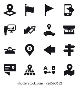 16 vector icon set : pointer, flag, touch, presentation, up down arrow, car pointer, market scales, scales, dollar pin, left arrow, singlepost