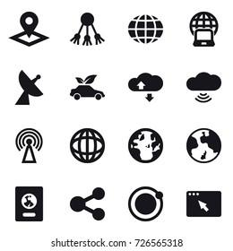 16 vector icon set : pointer, share, globe, notebook globe, satellite antenna, eco car, cloude service, cloud wireless, antenna, earth, passport