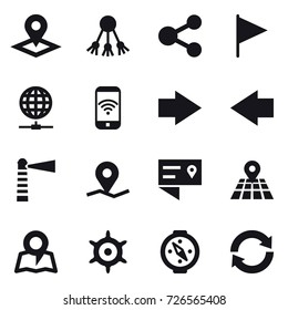 16 vector icon set : pointer, share, flag, globe connect, phone wireless, right arrow, left arrow, lighthouse, map, handwheel, compass, reload