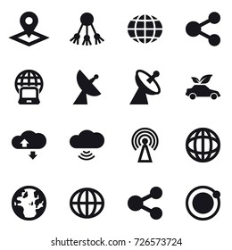 16 vector icon set : pointer, share, globe, notebook globe, satellite antenna, eco car, cloude service, cloud wireless, antenna