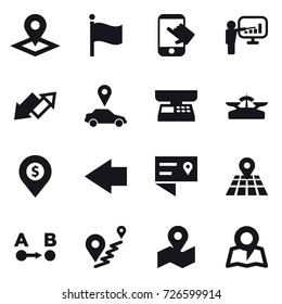 16 vector icon set : pointer, flag, touch, presentation, up down arrow, car pointer, market scales, scales, dollar pin, left arrow, map