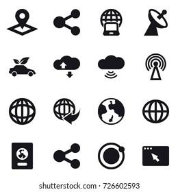 16 vector icon set : pointer, share, notebook globe, satellite antenna, eco car, cloude service, cloud wireless, antenna, earth, globe, passport