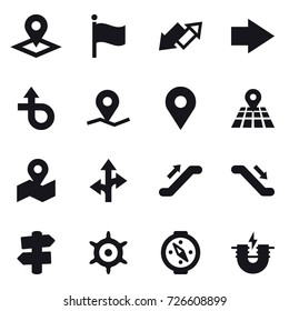 16 vector icon set : pointer, flag, up down arrow, right arrow, escalator, signpost, handwheel, compass