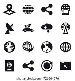 16 vector icon set : pointer, globe, share, notebook globe, satellite antenna, eco car, cloude service, antenna, earth, passport