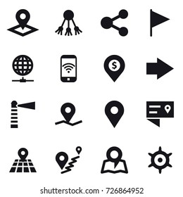 16 vector icon set : pointer, share, flag, globe connect, phone wireless, dollar pin, right arrow, lighthouse, map, handwheel