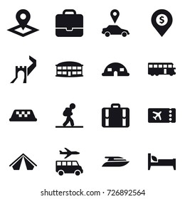 16 vector icon set : pointer, portfolio, car pointer, dollar pin, greate wall, airport building, dome house, bus, taxi, tourist, suitcase, ticket, tent, transfer, yacht, bed