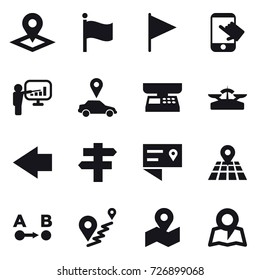16 vector icon set : pointer, flag, touch, presentation, car pointer, market scales, scales, left arrow, singlepost, map