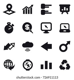 16 vector icon set : pointer, diagram, presentation, stopwatch, dollar arrow, monitor arrow, notebook, up down arrow, cloud wireless, left arrow, compass, recycling