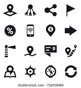 16 vector icon set : pointer, share, flag, percent, phone wireless, dollar pin, right arrow, lighthouse, map, handwheel, compass, reload