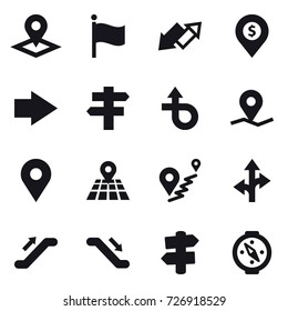 16 vector icon set : pointer, flag, up down arrow, dollar pin, right arrow, singlepost, escalator, signpost, compass