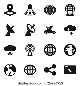 16 vector icon set : pointer, share, globe, notebook globe, satellite antenna, eco car, cloude service, cloud wireless, antenna, earth