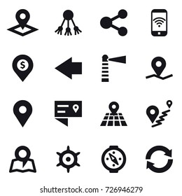 16 vector icon set : pointer, share, phone wireless, dollar pin, left arrow, lighthouse, map, handwheel, compass, reload