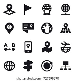 16 vector icon set : pointer, flag, notebook globe, globe connect, dollar pin, globe, signpost, hierarchy