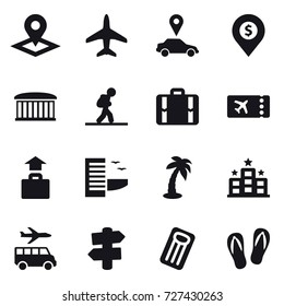 16 vector icon set : pointer, plane, car pointer, dollar pin, airport building, tourist, suitcase, ticket, baggage, hotel, palm, transfer, signpost, inflatable mattress, flip-flops