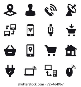 16 vector icon set : pointer, man, call, satellite antenna, notebook connect, phone wireless, smartwatch, add to cart, remove from basket, home