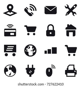 16 vector icon set : pointer, call, mail, pencil wrench, tap to pay, cart, lock, home, delivery, earth