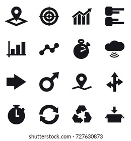 16 vector icon set : pointer, target, diagram, graph, stopwatch, cloud wireless, right arrow, reload, recycling, package