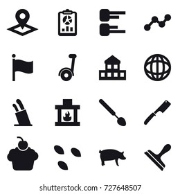 16 vector icon set : pointer, report, diagram, graph, flag, cottage, stands for knives, fireplace, big spoon, chef knife, seeds, pig, scraper