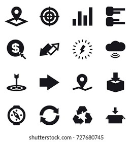 16 vector icon set : pointer, target, graph, diagram, dollar arrow, up down arrow, lightning, cloud wireless, right arrow, compass, reload, recycling, package