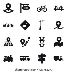 16 vector icon set : pointer, shop signboard, bike, bridge, drawbridge, under construction, outdoor light, train, bus, signpost, sweeper