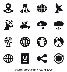 16 vector icon set : pointer, share, globe, satellite antenna, eco car, cloude service, cloud wireless, antenna, earth, passport