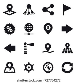 16 vector icon set : pointer, share, flag, percent, globe connect, dollar pin, right arrow, left arrow, lighthouse, map, handwheel, compass, reload