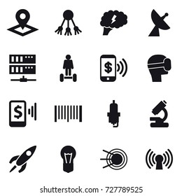 16 vector icon set : pointer, share, brain, satellite antenna, server, hoverboard, phone pay, virtual mask, mobile pay, barcode, spark plug
