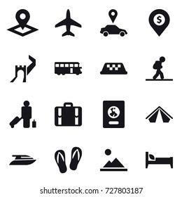 16 vector icon set : pointer, plane, car pointer, dollar pin, greate wall, bus, taxi, tourist, passenger, suitcase, passport, tent, yacht, flip-flops, landscape, bed