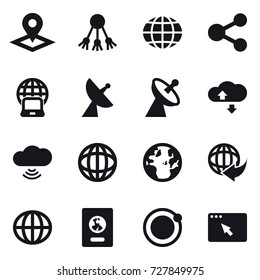 16 vector icon set : pointer, share, globe, notebook globe, satellite antenna, cloude service, cloud wireless, passport