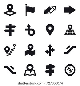 16 vector icon set : pointer, flag, up down arrow, right arrow, singlepost, escalator, map, signpost, compass