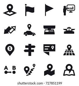 16 vector icon set : pointer, flag, presentation, up down arrow, car pointer, market scales, scales, dollar pin, singlepost, map
