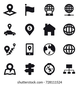 16 vector icon set : pointer, flag, notebook globe, globe connect, car pointer, dollar pin, home, earth, globe, map, signpost, compass, hierarchy