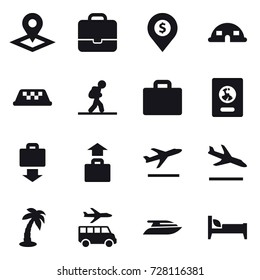 16 vector icon set : pointer, portfolio, dollar pin, dome house, taxi, tourist, suitcase iocn, passport, baggage get, baggage, departure, arrival, palm, transfer, yacht, bed