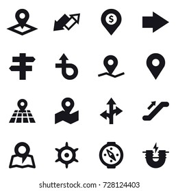 16 vector icon set : pointer, up down arrow, dollar pin, right arrow, singlepost, escalator, map, handwheel, compass