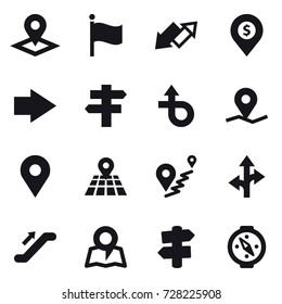 16 vector icon set : pointer, flag, up down arrow, dollar pin, right arrow, singlepost, escalator, map, signpost, compass