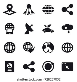 16 vector icon set : pointer, share, globe, notebook globe, satellite antenna, eco car, cloude service, earth, passport