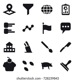 16 vector icon set : pointer, funnel, globe, report, diagram, graph, flag, message, cottage, stands for knives, big spoon, chef knife, seeds, pig, scraper