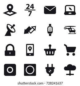 16 vector icon set : pointer, 24/7, mail, notebook, satellite antenna, up down arrow, smartwatch, lock, cart, ring button